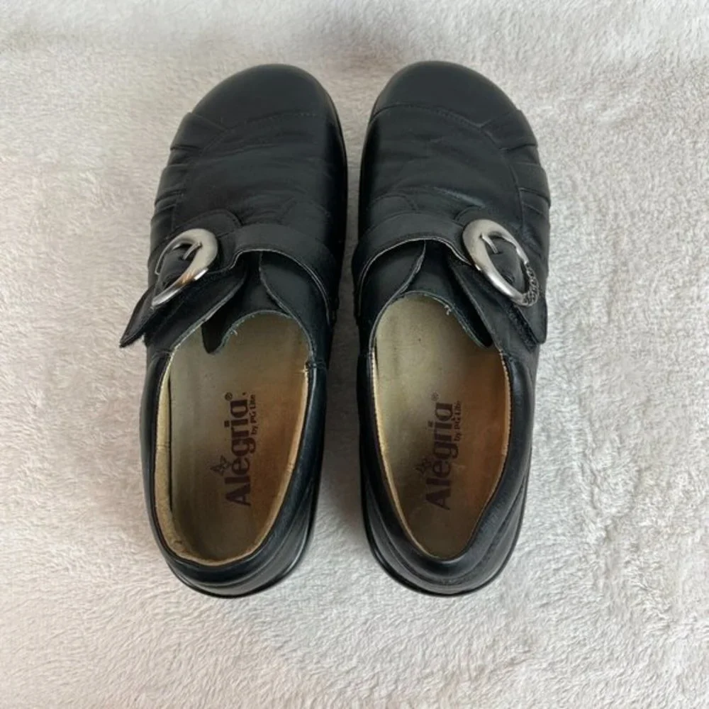 Alegria Leather Shoes‎ 9/9.5 Womens 39 EU Khloe Black Nappa Buckle Wedge